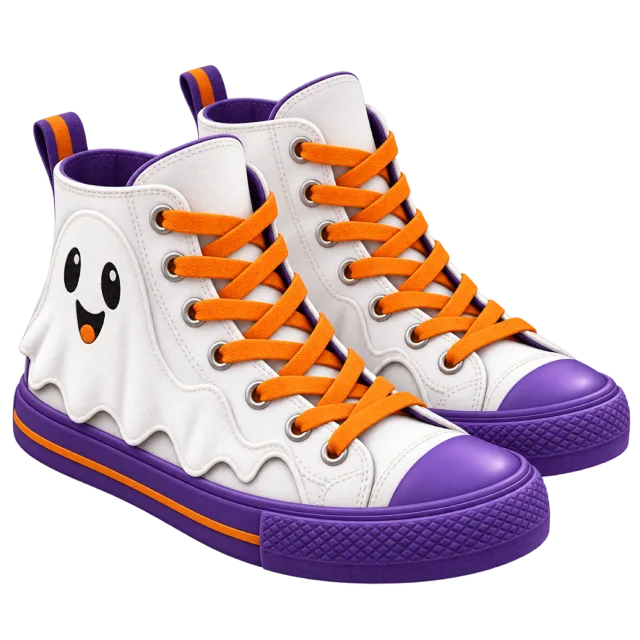 White and purple high-top sneakers have ghost faces and bright orange laces