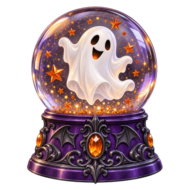 A cheerful white ghost floats among orange stars inside a globe on an ornate purple base
