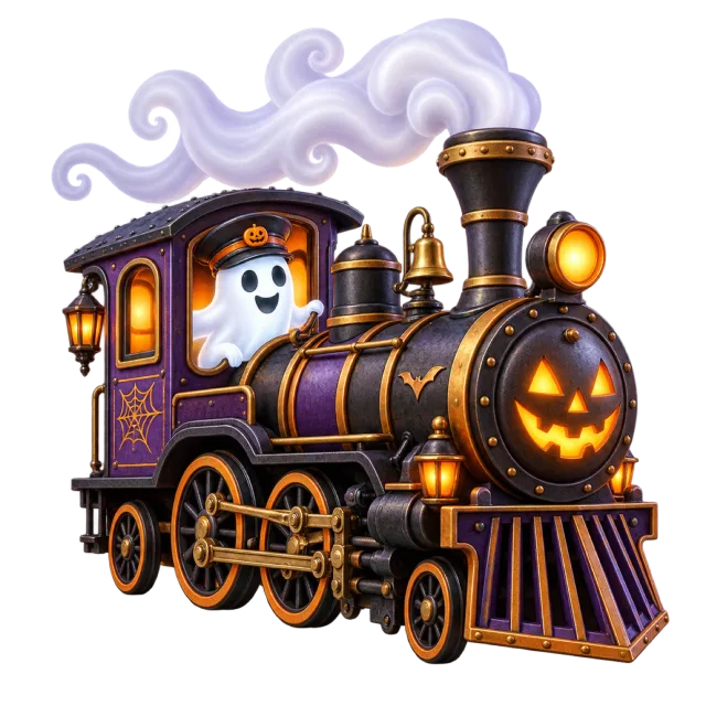 A purple and black locomotive carries a white ghost and a glowing pumpkin face