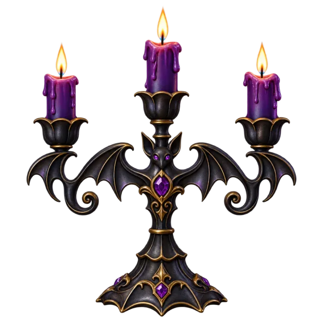 A dark three-armed candle holder has bat wings, purple candles and small flames
