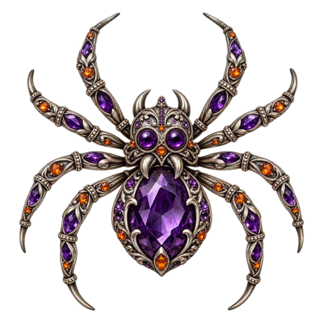 A spider-shaped ornament has a large purple gem-like body and decorated metal-style legs