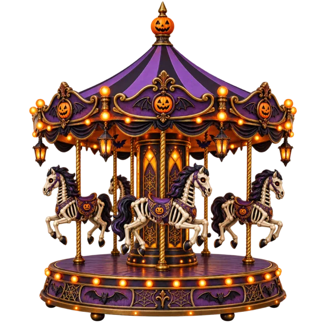 A purple and gold-colored carousel has skeletal horse figures and glowing pumpkin decorations