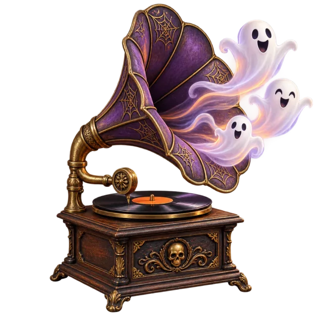 An ornate wooden gramophone has a purple horn releasing small white ghosts