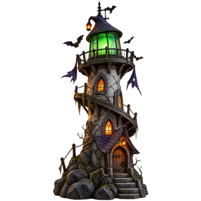 A crooked dark lighthouse has glowing windows, a green beacon and circling bats