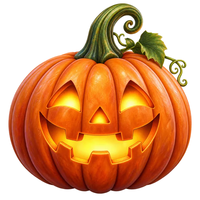 Orange carved pumpkin with glowing eyes, a smiling mouth and a curled green stem on a transparent background