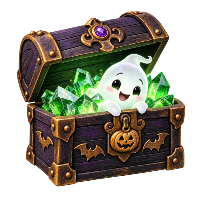 An open purple and brown chest contains green crystals and a smiling white ghost