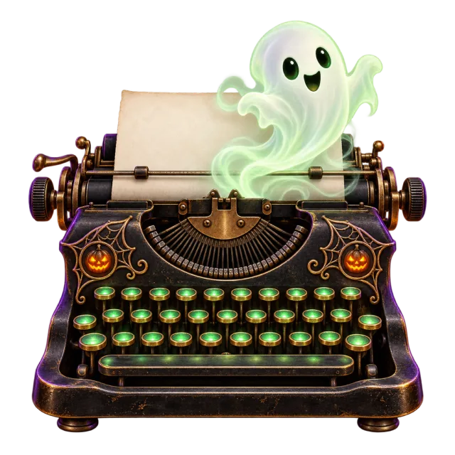 A pale green ghost rises from an ornate dark typewriter with glowing green keys