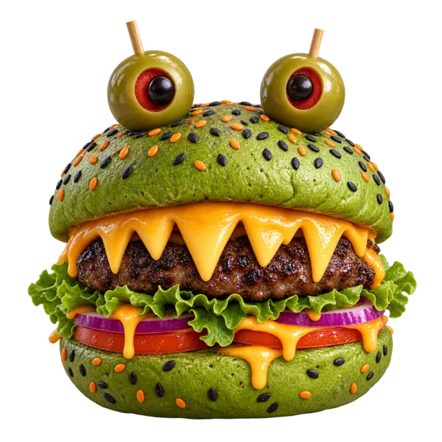 A green burger bun has protruding eyes and pointed cheese teeth above colorful fillings