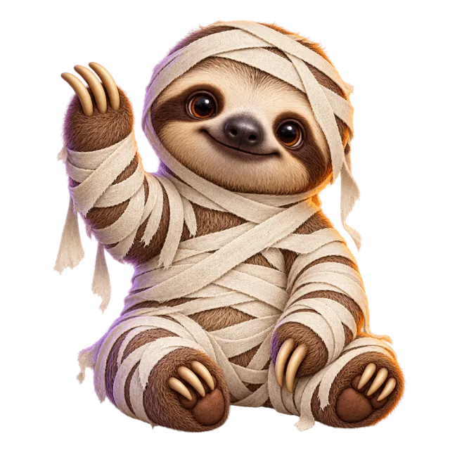 A seated smiling sloth waves while wrapped in pale mummy bandages