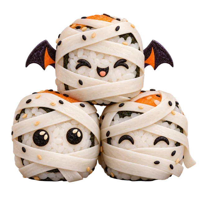 Three smiling sushi-shaped characters are wrapped in white strips with small orange and black details