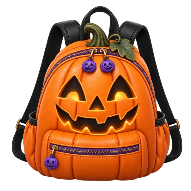 An orange pumpkin-shaped backpack has a smiling jack-o-lantern face and purple zippers