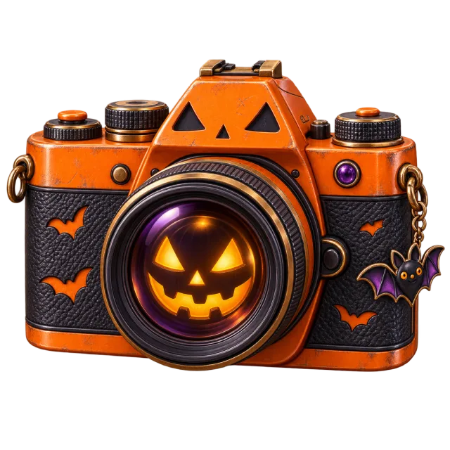 An orange and black camera has bat decorations and a glowing pumpkin face inside its lens