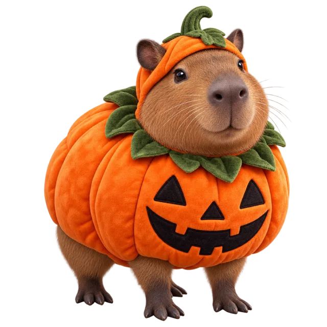 A capybara wears a round orange jack-o-lantern outfit with a leafy collar