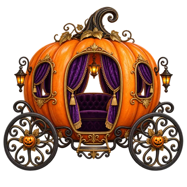 An orange pumpkin carriage has purple curtains, curled wheels and small lanterns