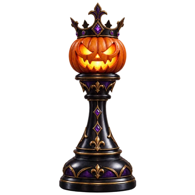 A crowned jack-o-lantern sits atop a tall black and purple chess-piece base