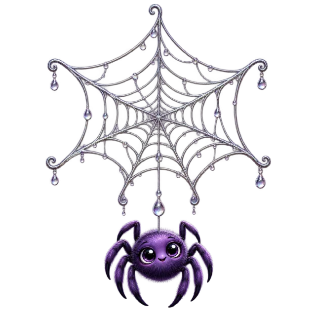 Silver spider web with hanging droplets and a smiling purple spider suspended below on a transparent background