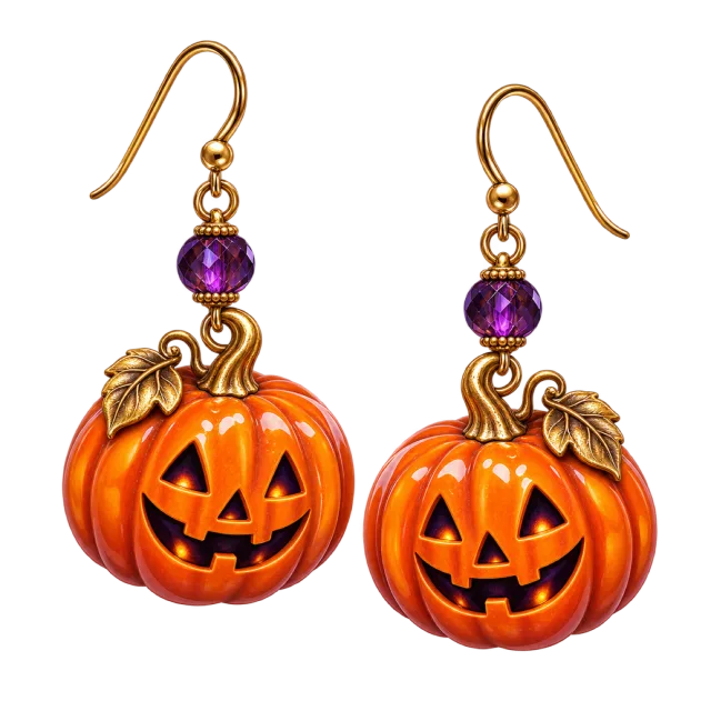 Two orange pumpkin earrings hang from gold-colored hooks beneath purple beads