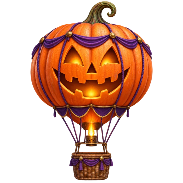 A jack-o-lantern balloon with purple drapes floats above a small purple basket