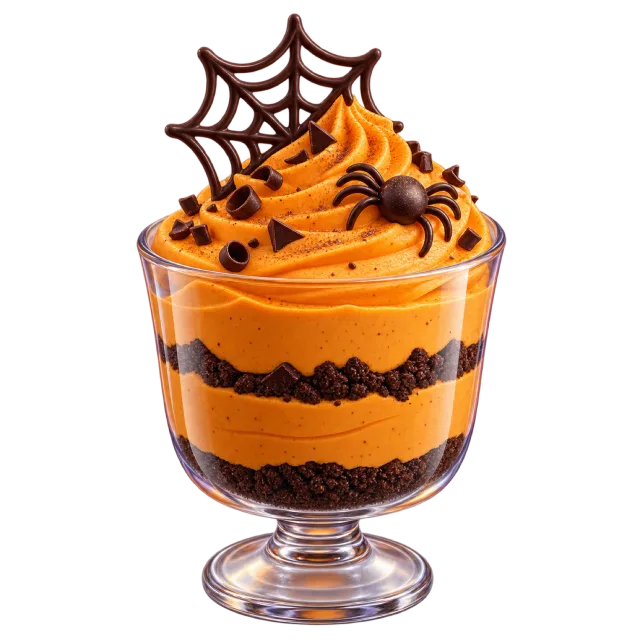 An orange layered dessert in a clear cup has a chocolate web and small spider decoration