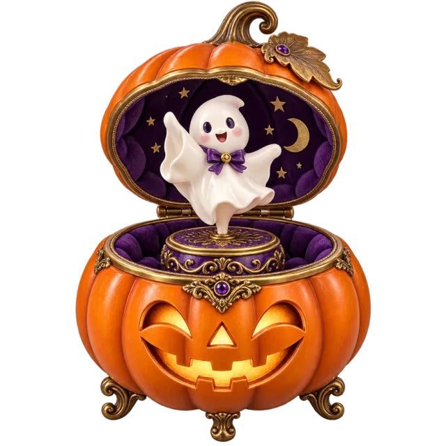 An open jack-o-lantern music box reveals a small white ghost against a purple starry interior