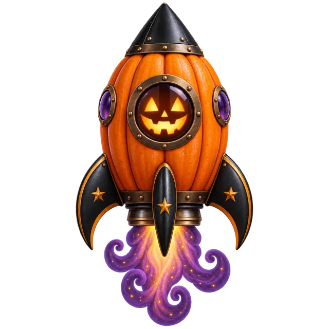 An orange rocket has a pumpkin-face window, black fins and curling purple exhaust
