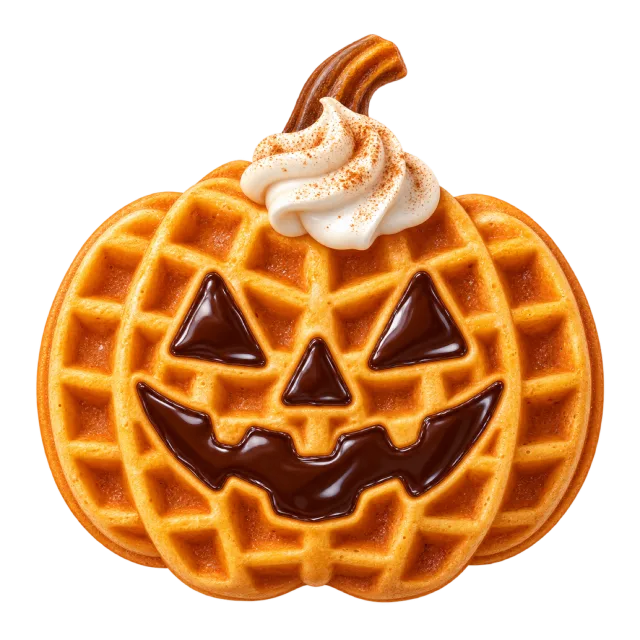 An orange pumpkin-shaped waffle has a dark smiling face and a swirl of cream