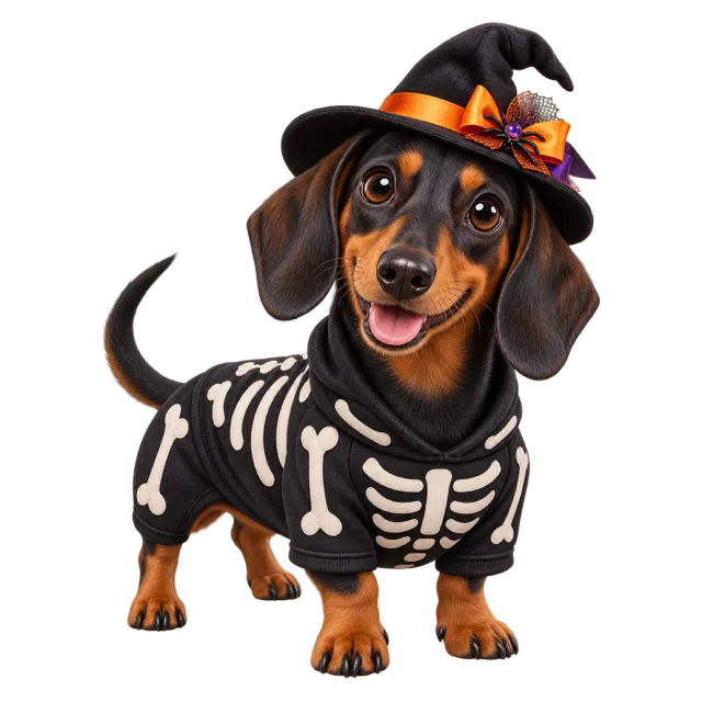 A dachshund wears a black skeleton-print outfit and a small witch hat