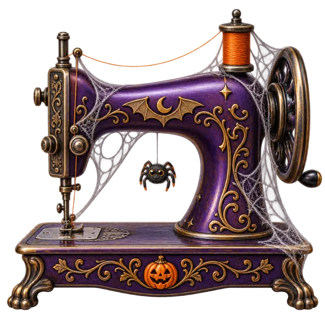 An ornate purple sewing machine has gold-colored trim, a hanging spider and pumpkin decorations