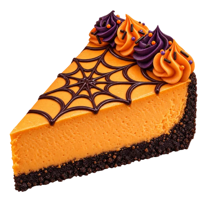 An orange cheesecake slice has a dark crumb base, chocolate web and purple and orange frosting