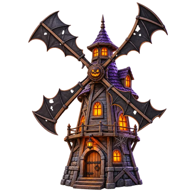 A tall crooked purple building has bat-wing windmill blades and glowing windows