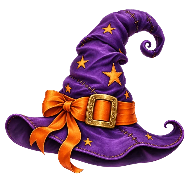 Curled purple witch hat decorated with gold stars, an orange bow and a square gold buckle on a transparent background
