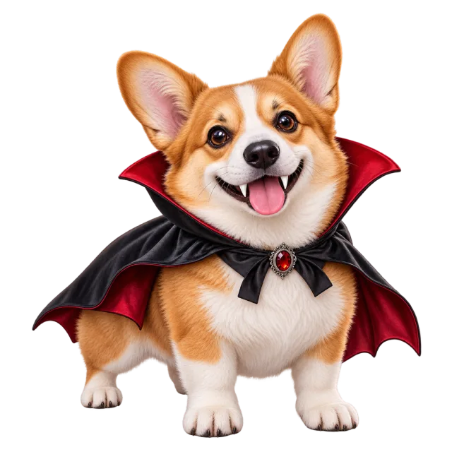 A smiling corgi wears a black cape with a high red collar