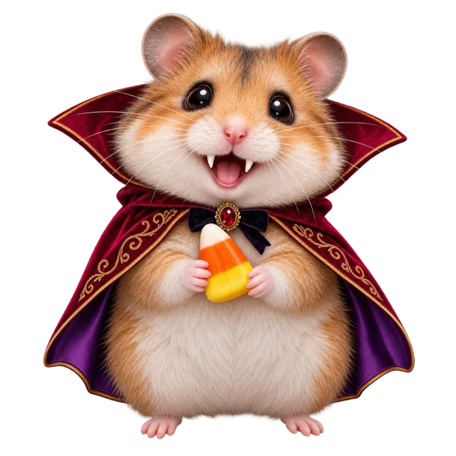 A round hamster wears a burgundy and purple cape while holding orange candy