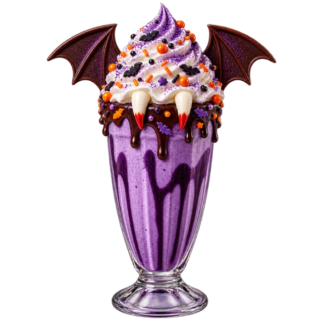 A purple milkshake has chocolate drips, whipped topping, sprinkles and bat wings