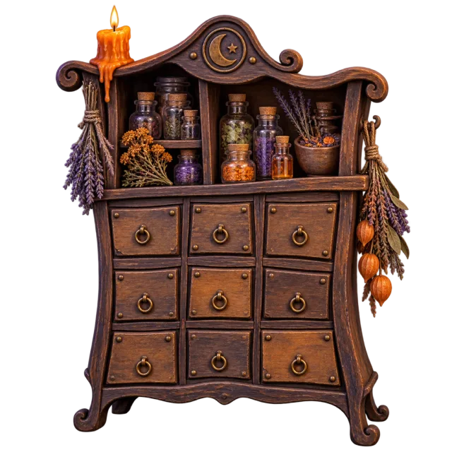 A dark wooden cabinet holds tiny bottles, drawers, dried plants and a lit candle