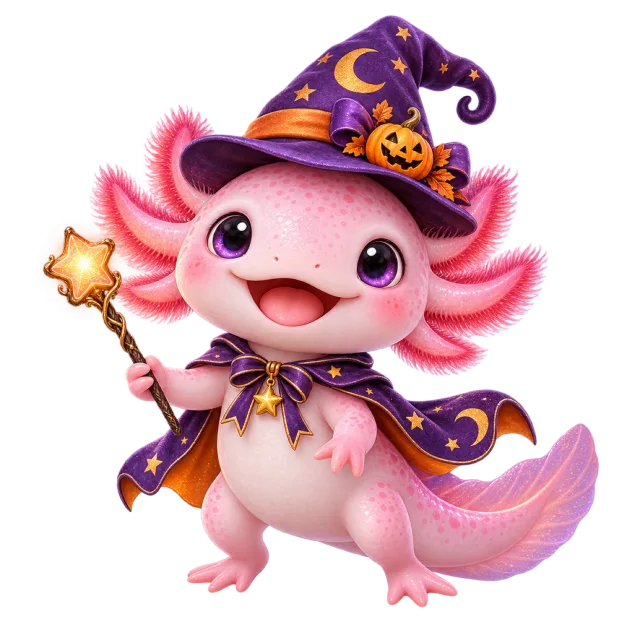 A pink axolotl wears a purple star-patterned witch hat and holds a star wand