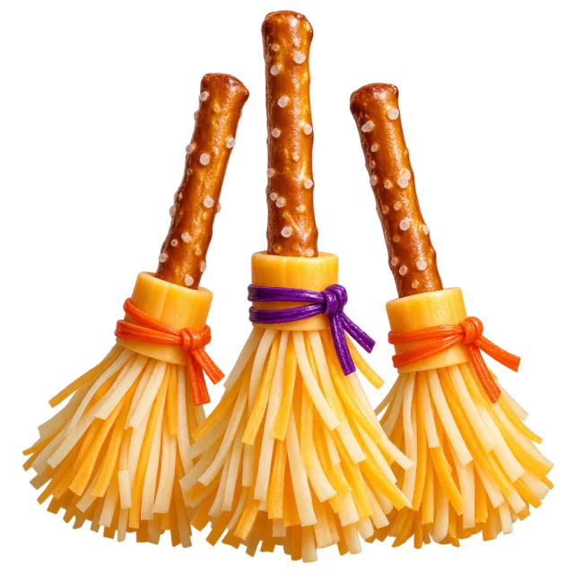 Three pretzel-stick broom snacks have pale shredded ends tied with orange and purple bands