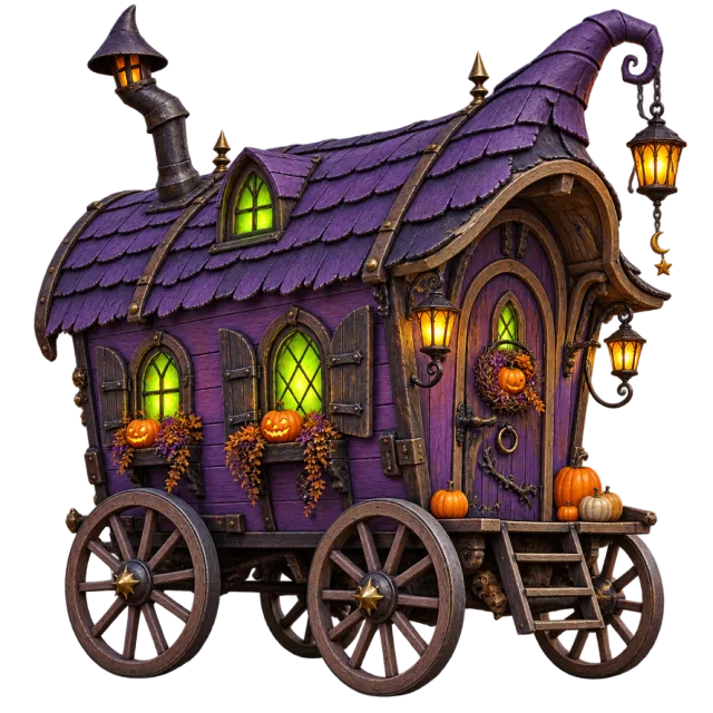A purple wheeled cottage has a crooked roof, glowing windows and hanging lanterns
