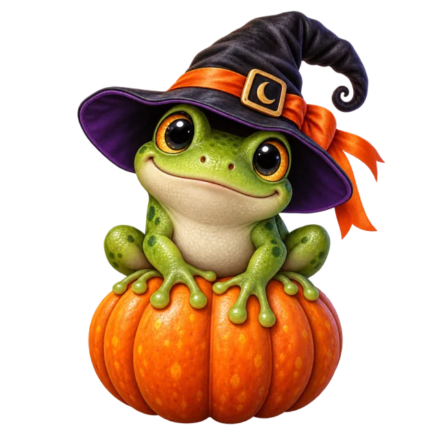 A green frog in a black witch hat sits on an orange pumpkin