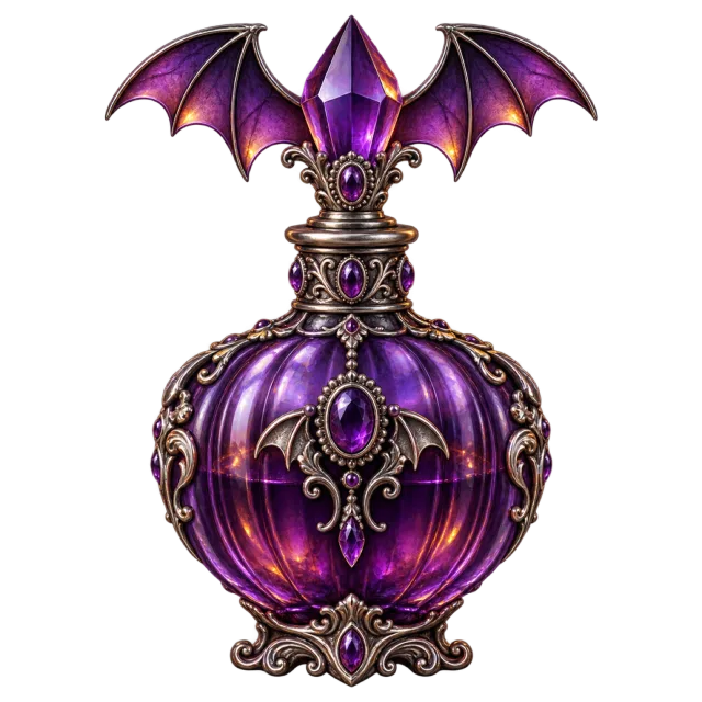 An ornate purple bottle has a jewel-like center and bat wings around its stopper
