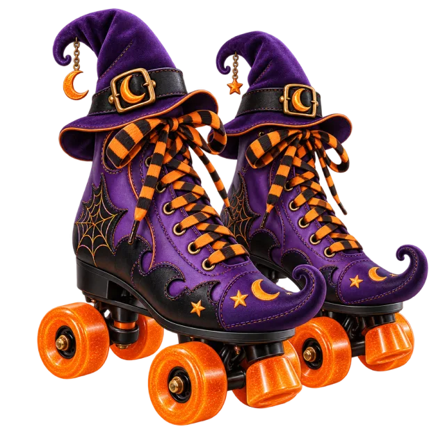 Purple roller skates have orange wheels, star decorations and curled witch-hat tops