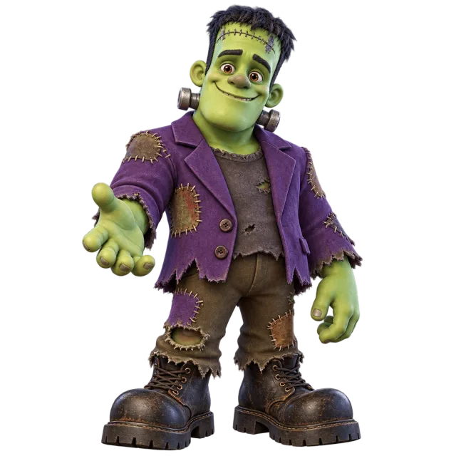 Smiling green stitched monster wearing a purple jacket, patched trousers and chunky boots on a transparent background