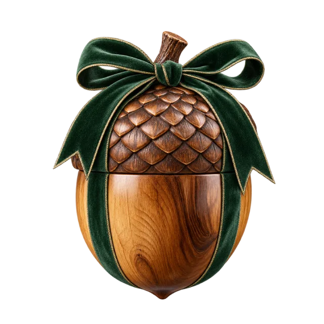 An acorn-shaped brown gift box has a textured cap and a dark green ribbon bow
