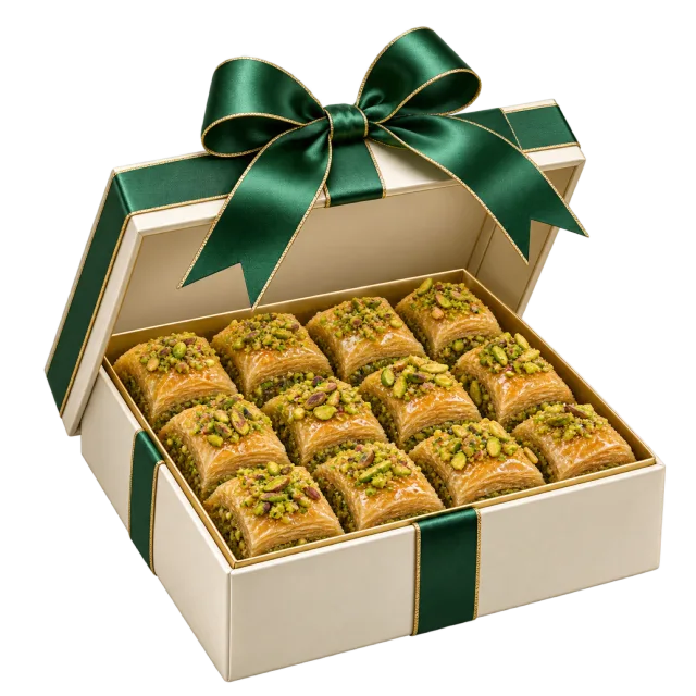 An open cream box holds rows of golden pastries and has a dark green bow