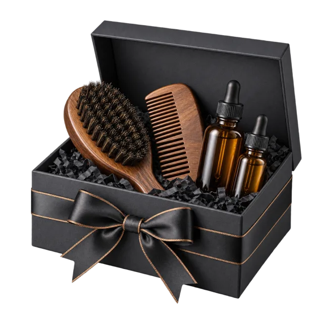 A black gift box holds a wooden brush, comb and small amber bottles