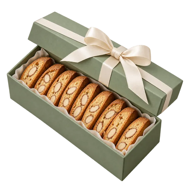 A sage-green box holds a row of sliced biscotti and has a cream ribbon