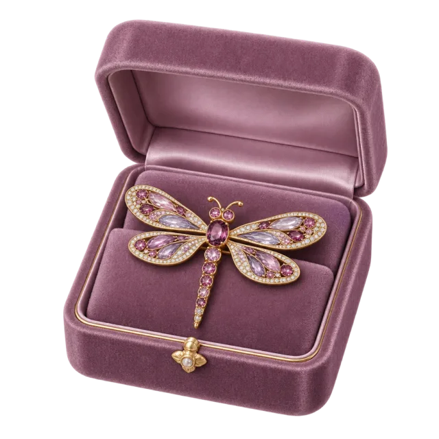 An open mauve jewelry box displays a purple and gold-colored dragonfly brooch
