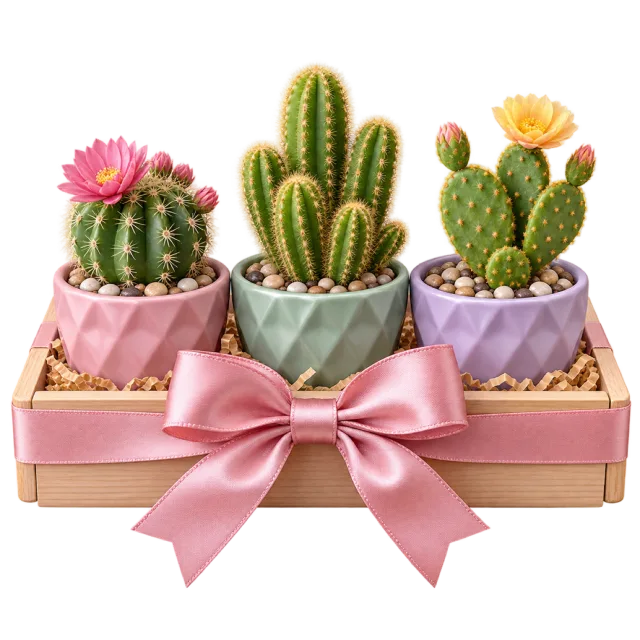 Three small cacti in pastel pots sit in a wooden tray tied with a pink bow