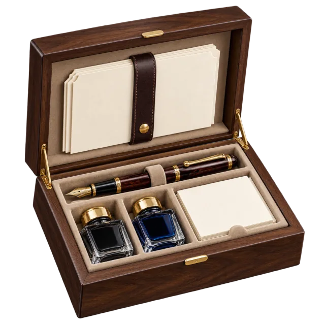 An open wooden case holds a pen, ink bottles and cream stationery