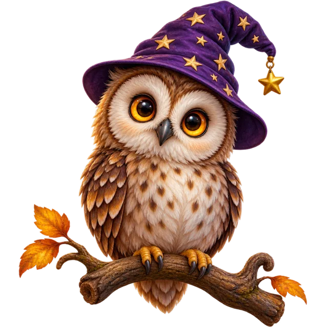 Brown owl with large orange eyes wearing a star-covered purple witch hat on a leafy branch on a transparent background